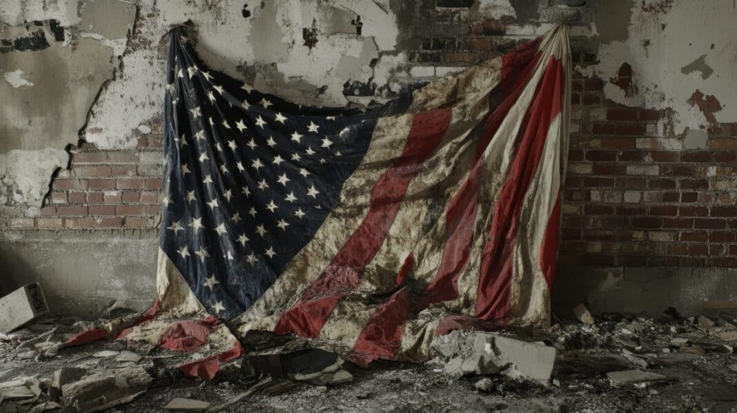 Tattered american flag hangs on a damaged brick wall